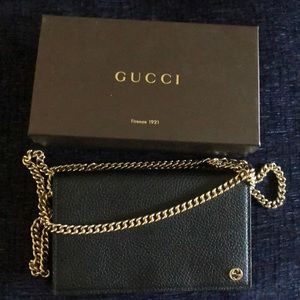 Gucci black leather dollar calf wallet with chain